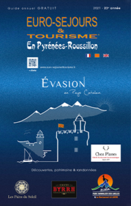 Couverture 2021 du guide Euro-séjours et Tourisme en Pyrénées-Roussillon euro-sejours, tourisme, guide touristique, pyrénées-orientales, roussillon, perpignan, visite, vacances, sud de la france, catalogne, mer, méditerranée, montagne, voyages, loisirs, ski, promenades, hébergement, hotels, restaurants, monument